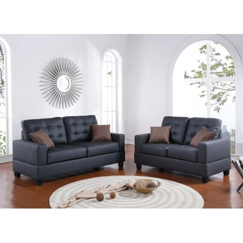 2pc Sofa Set Black Faux Leather Tufted Sofa Loveseat with Pillows Cushion Couch