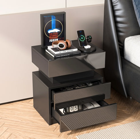 NEW LED Nightstand Modern Black Wood Bedside Table With 2 High Gloss Drawers