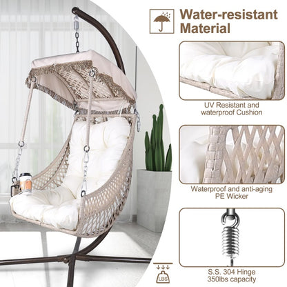 Indoor And Outdoor Swing Egg Chair With Stand, Beige UV Protection Cushion Hanging Chair With Cup Holder