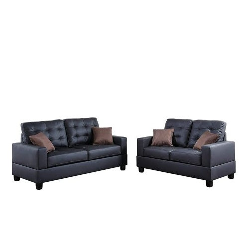 2pc Sofa Set Black Faux Leather Tufted Sofa Loveseat with Pillows Cushion Couch