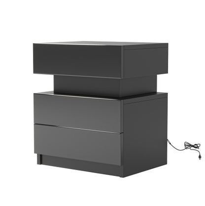 NEW LED Nightstand Modern Black Wood Bedside Table With 2 High Gloss Drawers