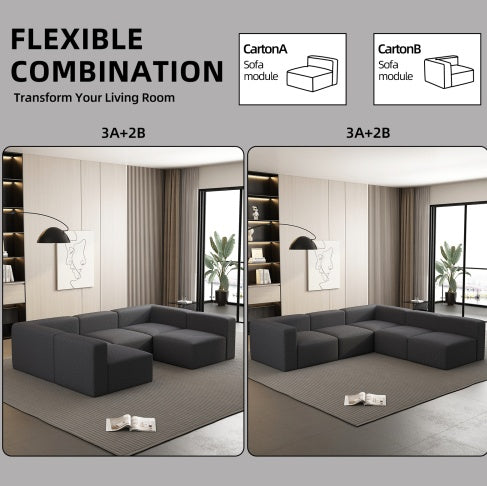 Modular Sectional Sofa Sleeper Couch, Chaise And Ottoman, Convertible U Shaped Modular Sofa Set. Compressed Sponge, Dark Grey