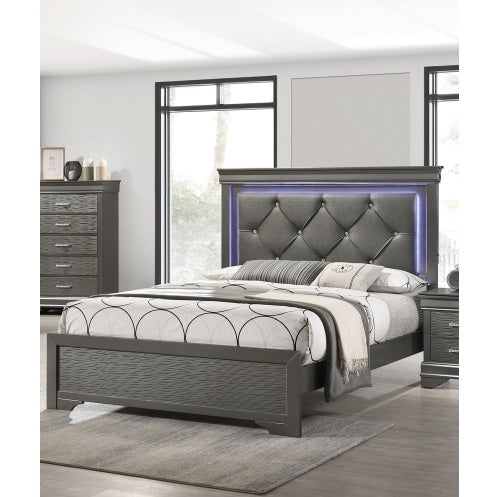 Dark Gray Faux Leather Tufted Headboard 1pc Queen Size Bed with LED Gray Unique Texture FB Solid Wood