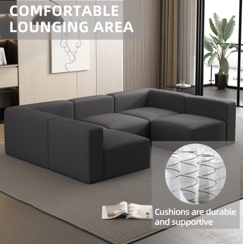 Modular Sectional Sofa Sleeper Couch, Chaise And Ottoman, Convertible U Shaped Modular Sofa Set. Compressed Sponge, Dark Grey