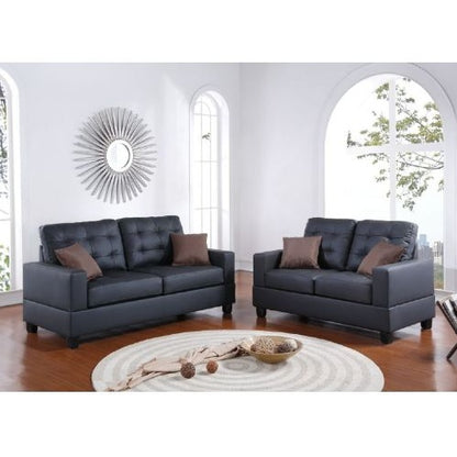 2pc Sofa Set Black Faux Leather Tufted Sofa Loveseat with Pillows Cushion Couch