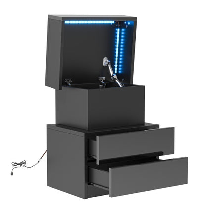 NEW LED Nightstand Modern Black Wood Bedside Table With 2 High Gloss Drawers