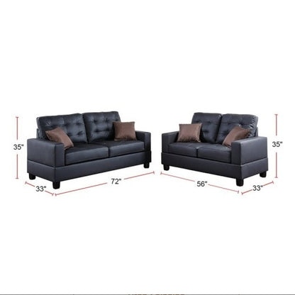 2pc Sofa Set Black Faux Leather Tufted Sofa Loveseat with Pillows Cushion Couch