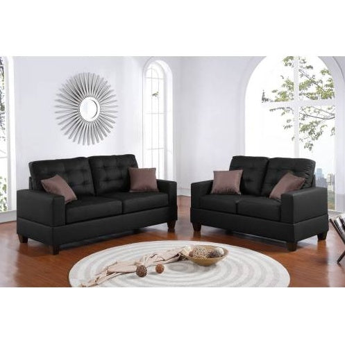 2pc Sofa Set Black Faux Leather Tufted Sofa Loveseat with Pillows Cushion Couch