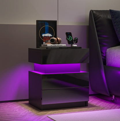 NEW LED Nightstand Modern Black Wood Bedside Table With 2 High Gloss Drawers